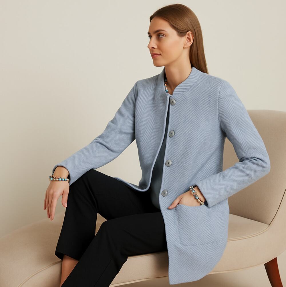 J. MCLAUGHLIN 100% Cashmere Herringbone Cardigan Sweater Coat Blue Sz L {3D37}